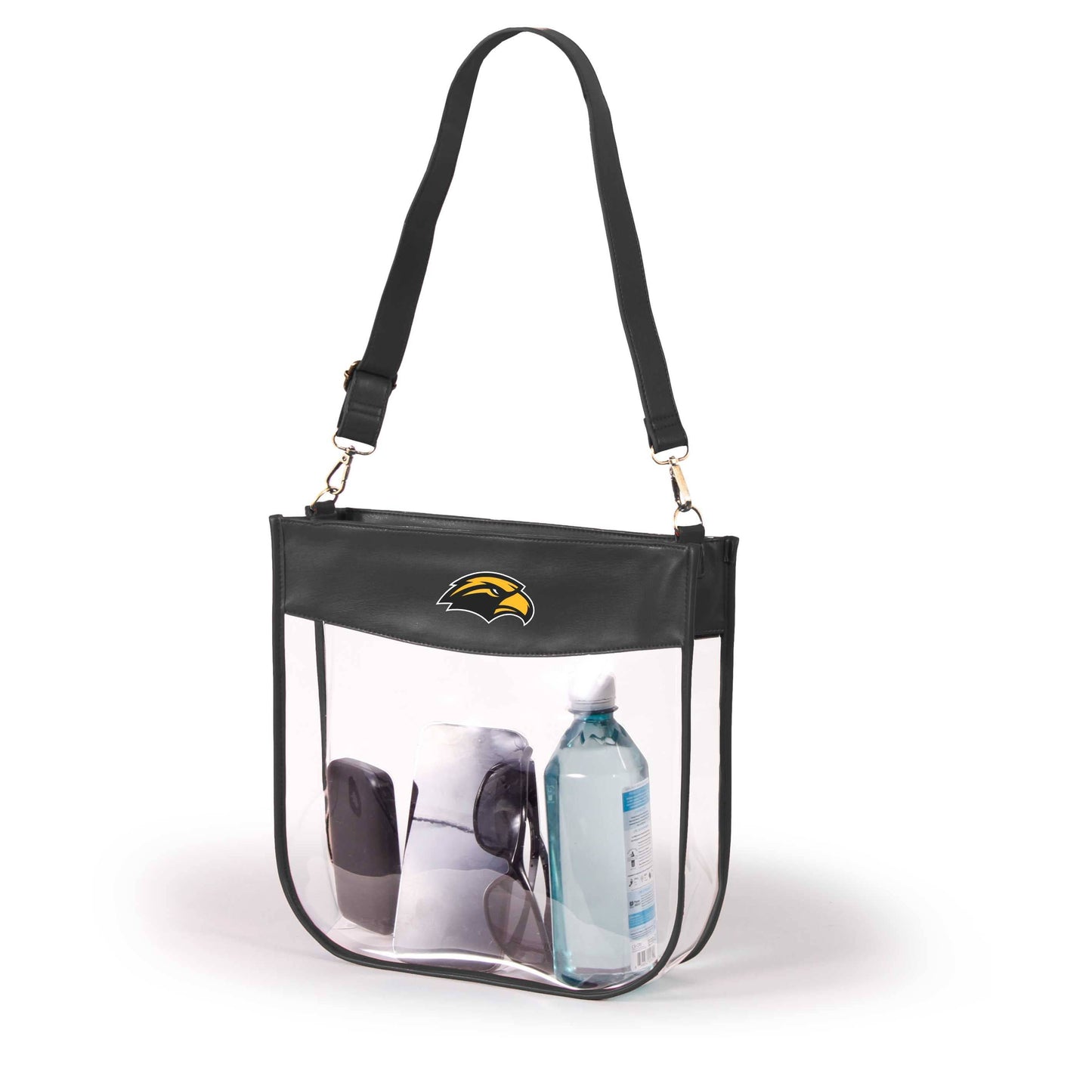A clear plastic shoulder bag with a black top trim, black strap, and a black and yellow logo on the front, shown on a white background with various items inside.