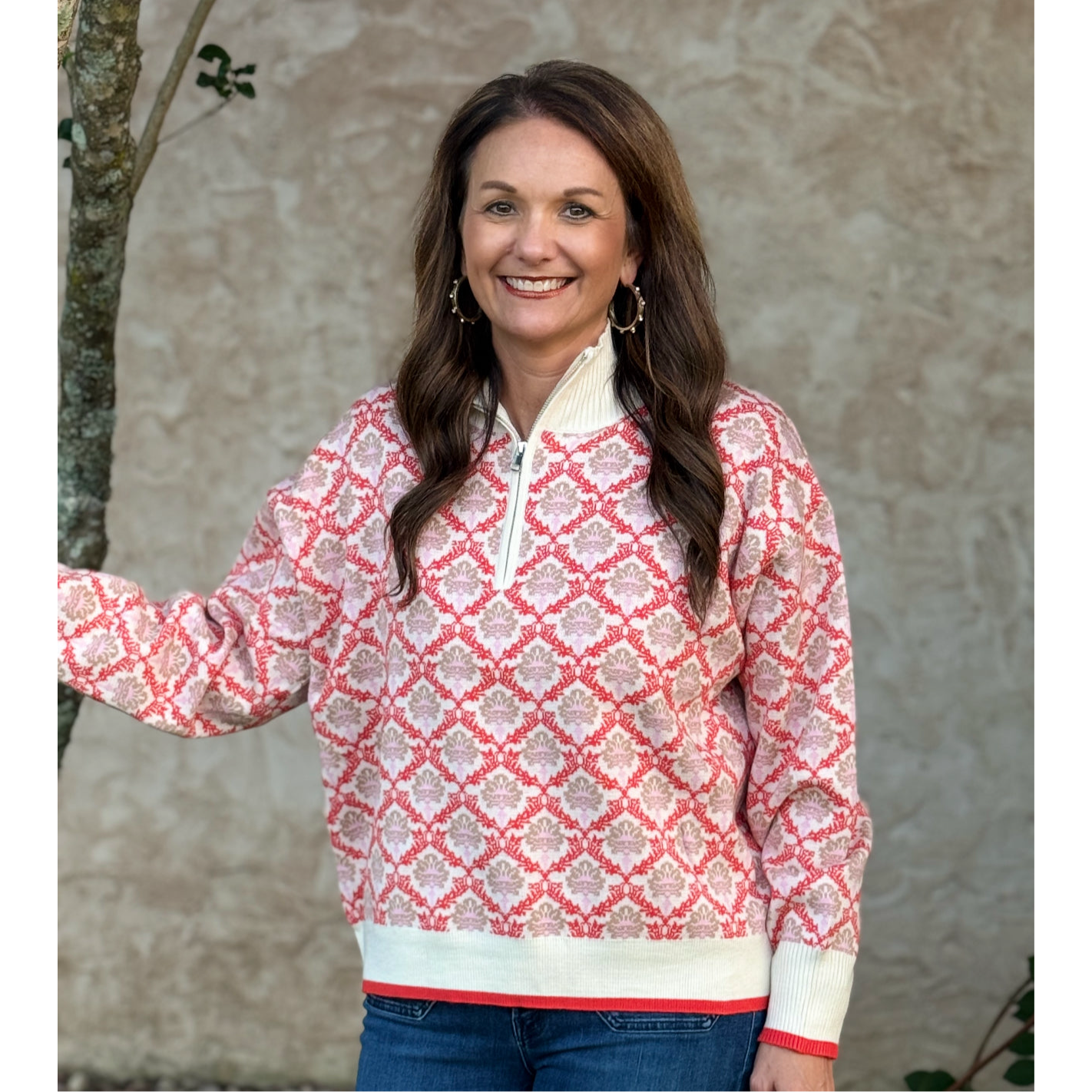 Floral Mock Neck Half Zip Pullover