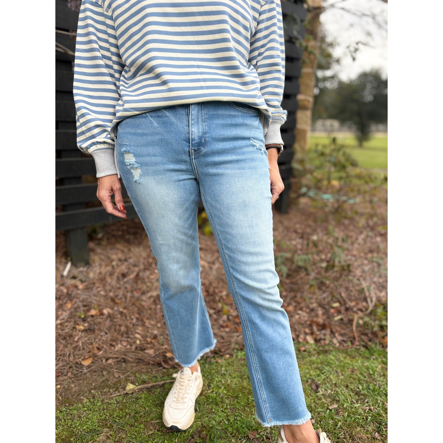 High Rise Straight Raw Hem Cropped Denim Pants