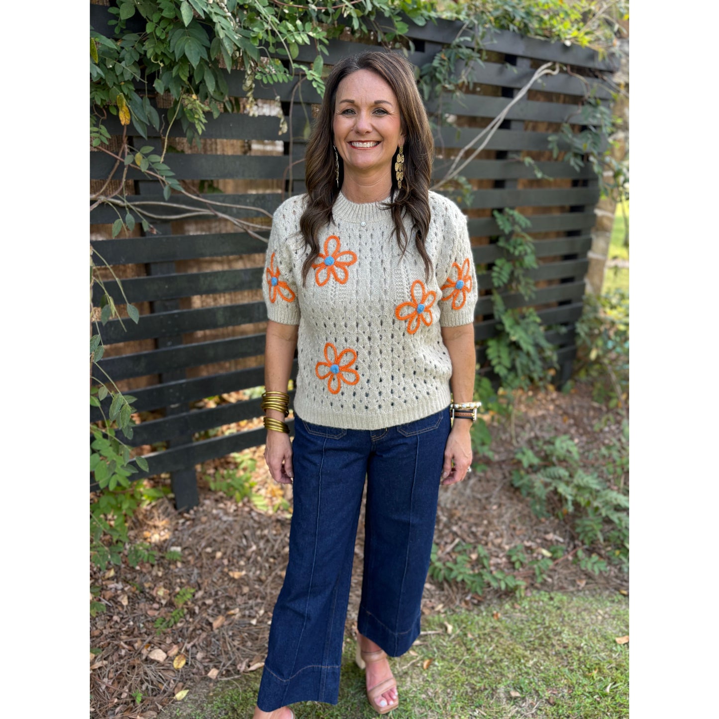 Embroidered Flower Short Sleeve Sweater