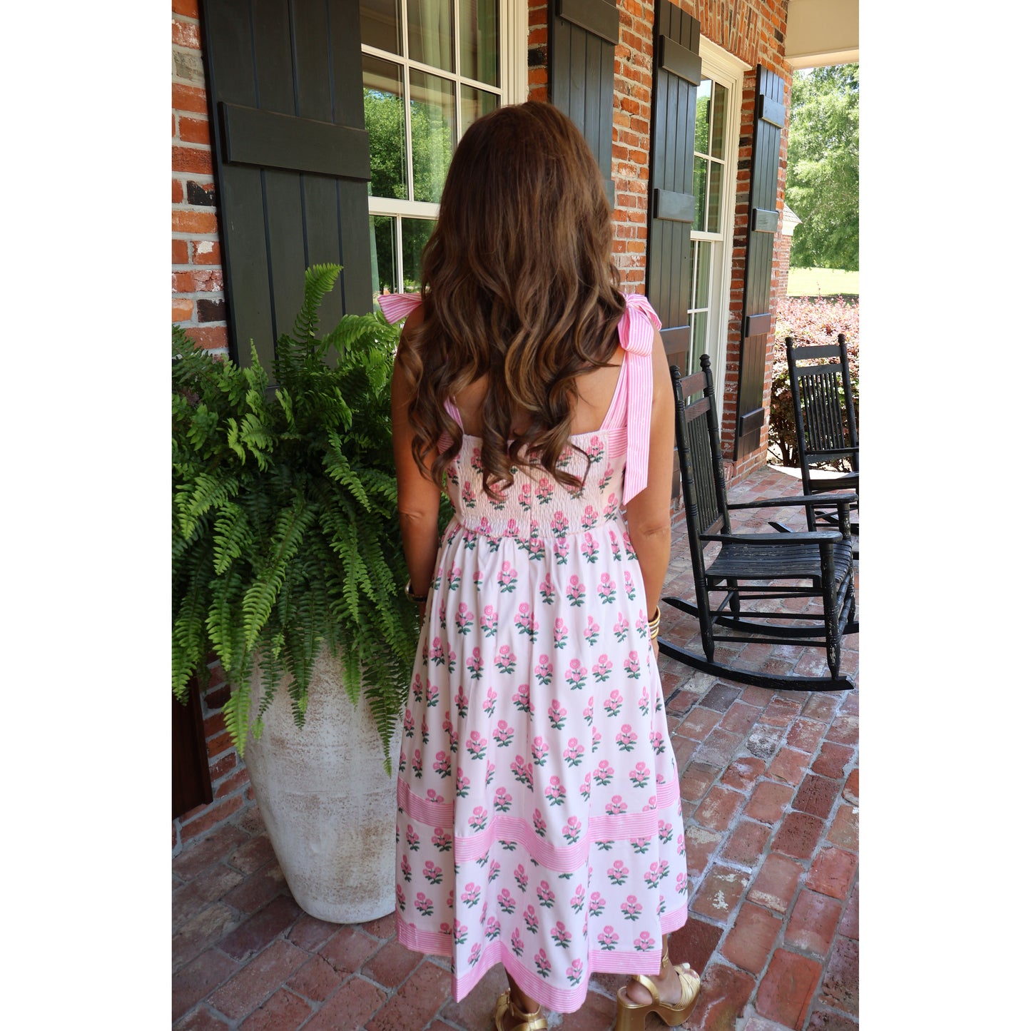 Floral Print Midi Dress with Tie Shoulder Straps - Pink