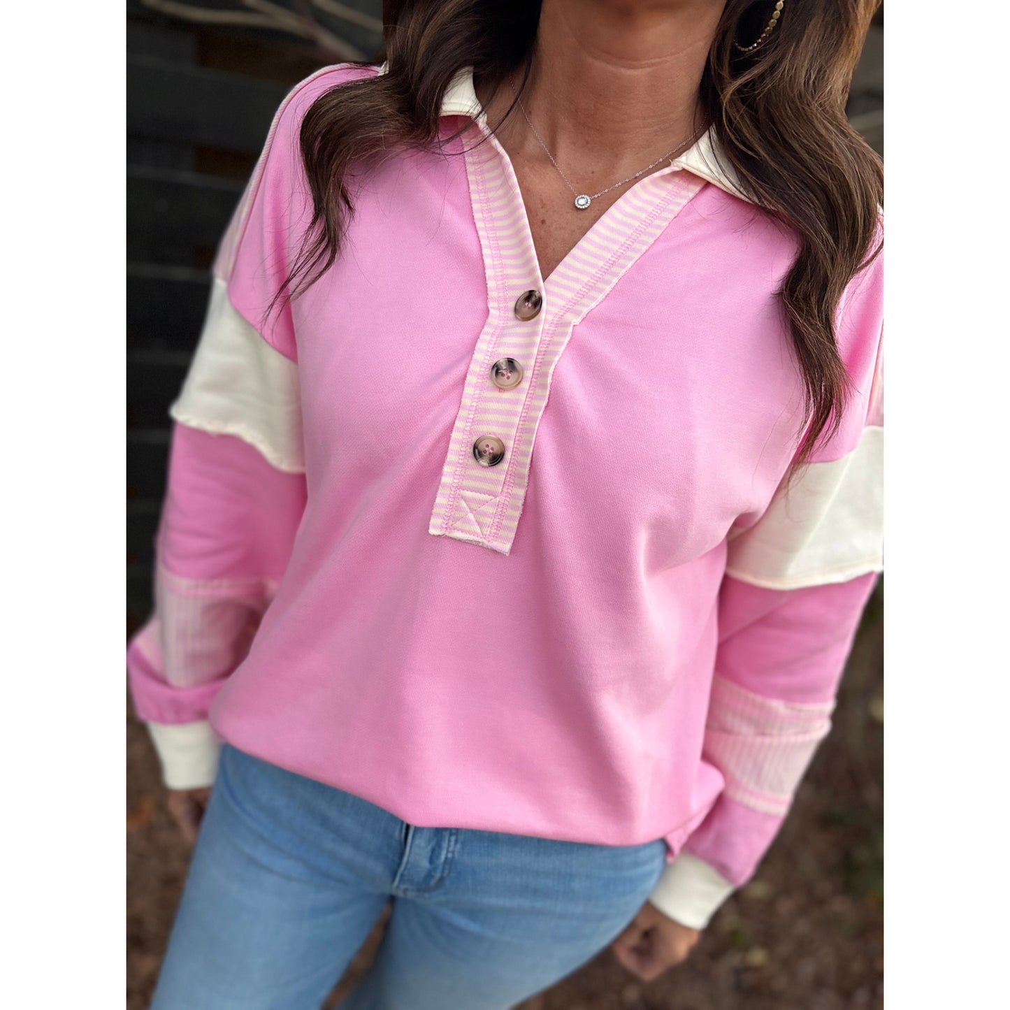 Color Block Oversized Knit Top - Pink