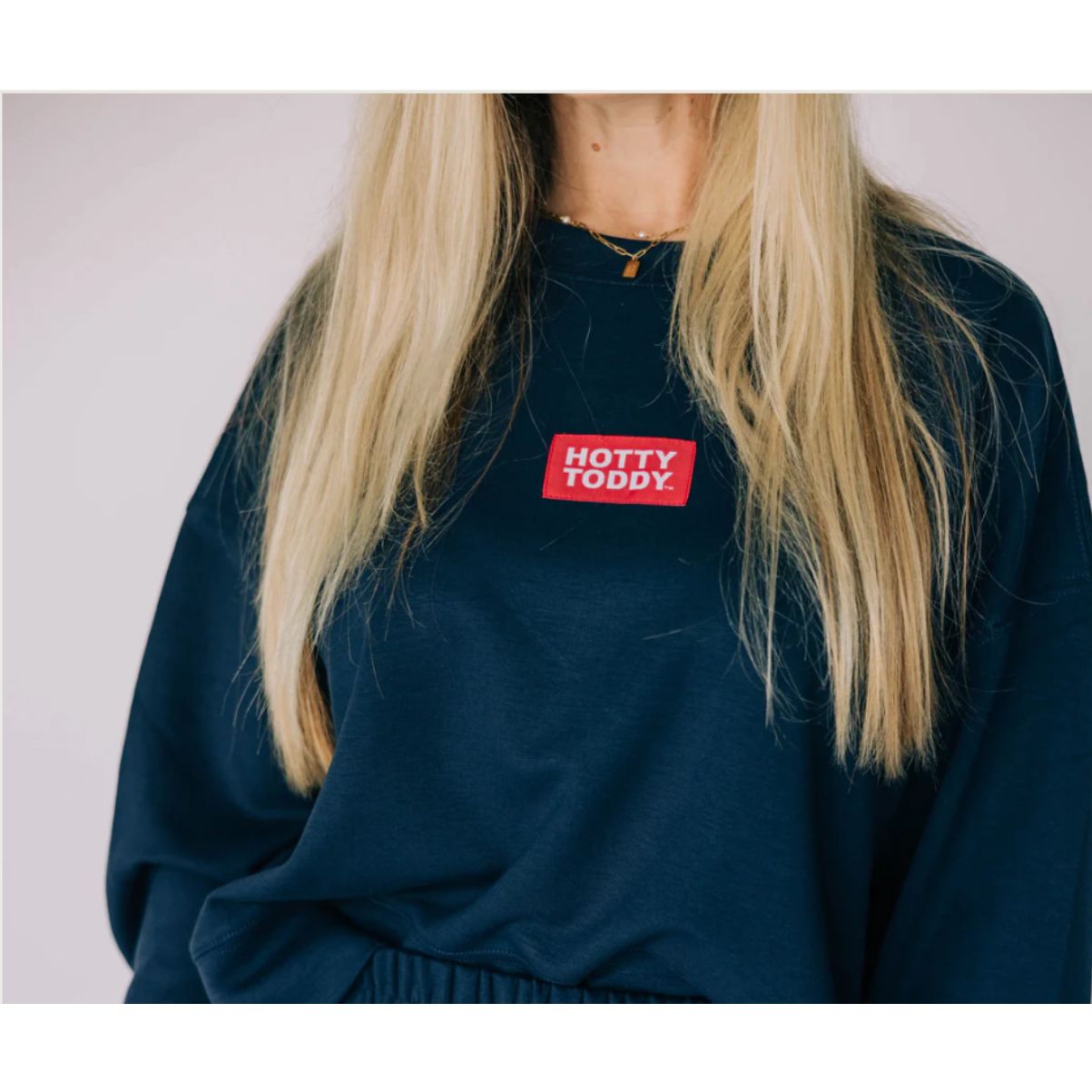 Person wearing a navy blue sweatshirt with a 'Hotty Toddy' patch on a light gray background