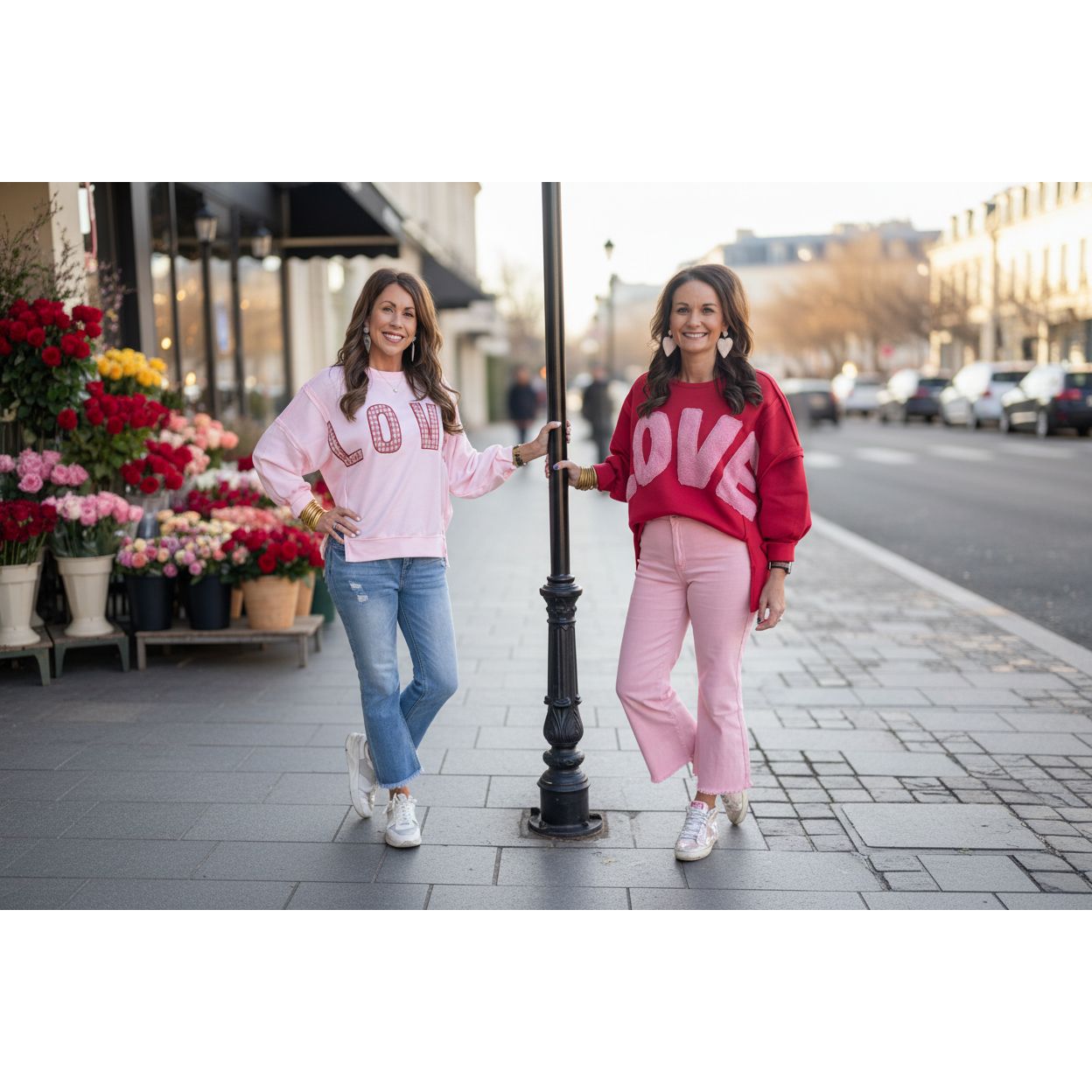 Two women wearing pink 'LOVE' sweatshirts standing on a sidewalk.