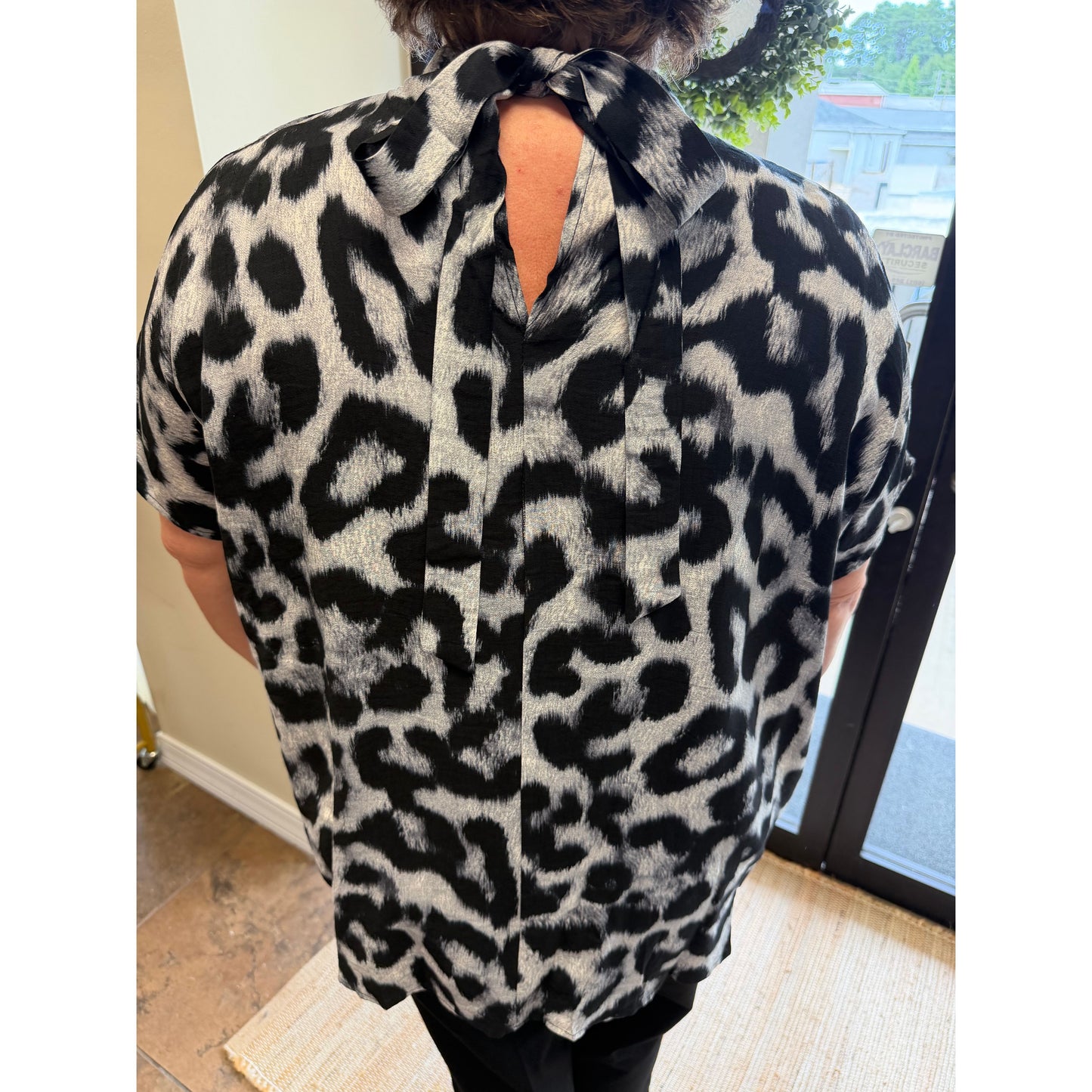 Curvy Leopard Print Mock Neck Blouse - Black