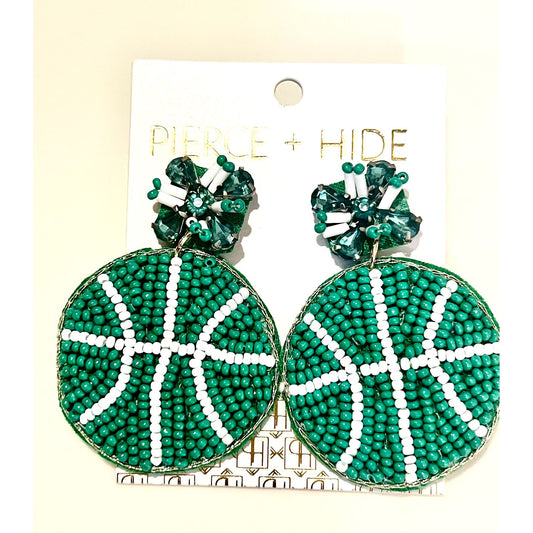 Beaded Basketball Earrings - Green and White