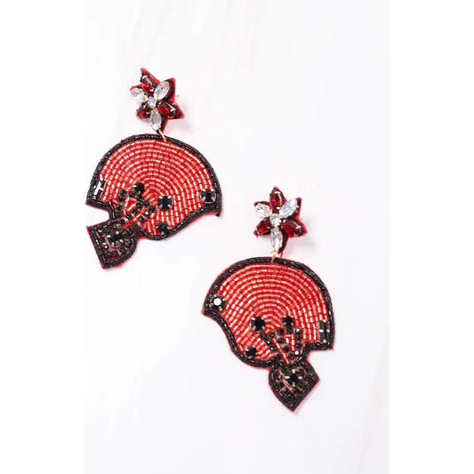 Beaded Football Helmet Earring Red Black