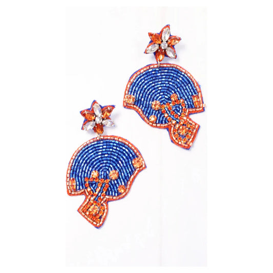 Beaded Football Helmet Earring Royal Blue Orange