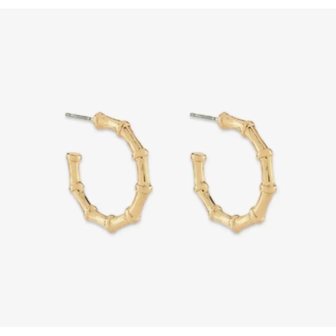 Gold bamboo hoop earrings on a white background
