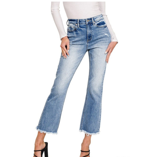 High Rise Straight Raw Hem Cropped Denim Pants