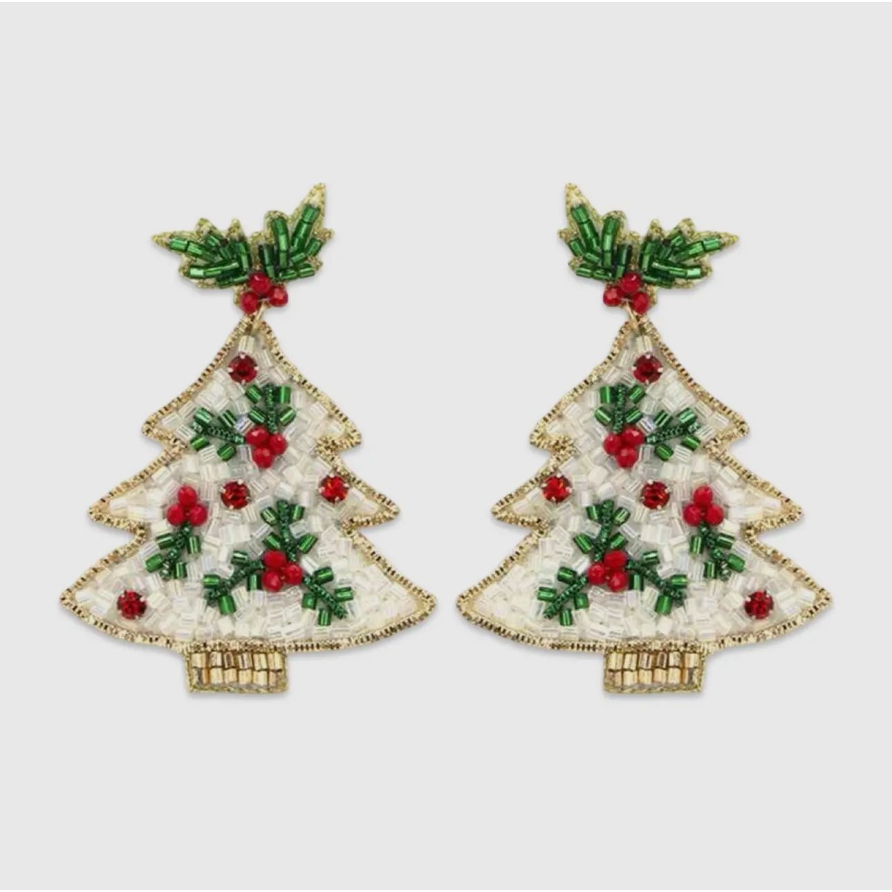 White and Green Holly Berry Christmas Tree Earrings