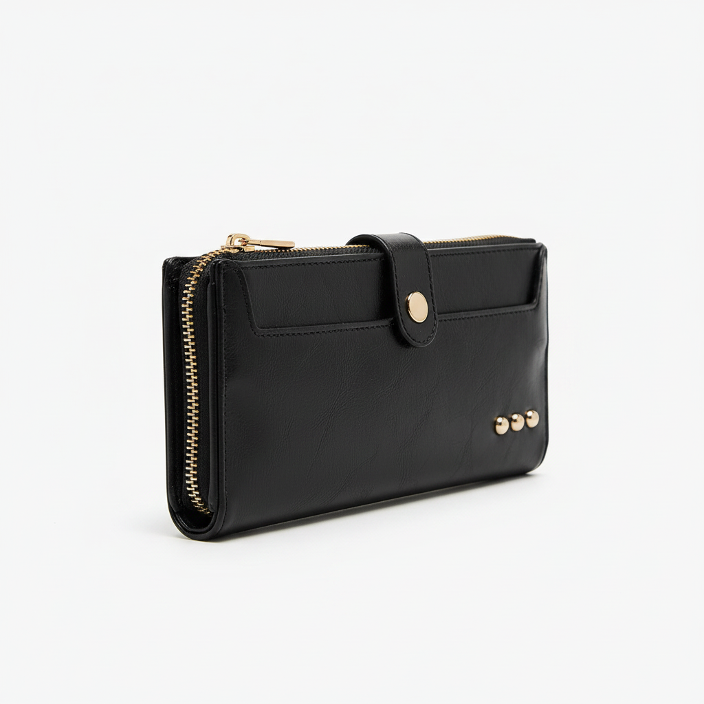 Annie Ks Boutique black Essentials Carryall Wallet with gold zipper, snap closure, and decorative metal studs