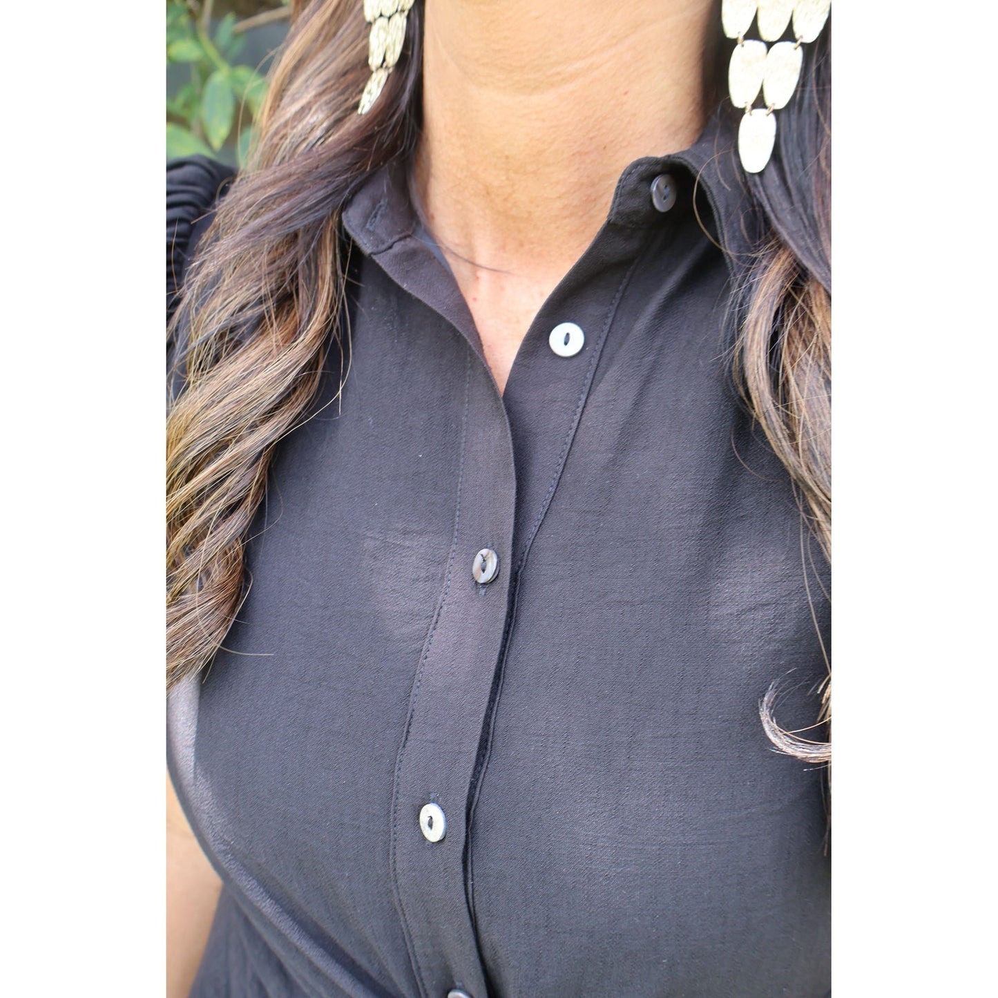 Annie Ks Boutique black shirt dress featuring a classic collar, button-down front, and lightweight woven fabric.