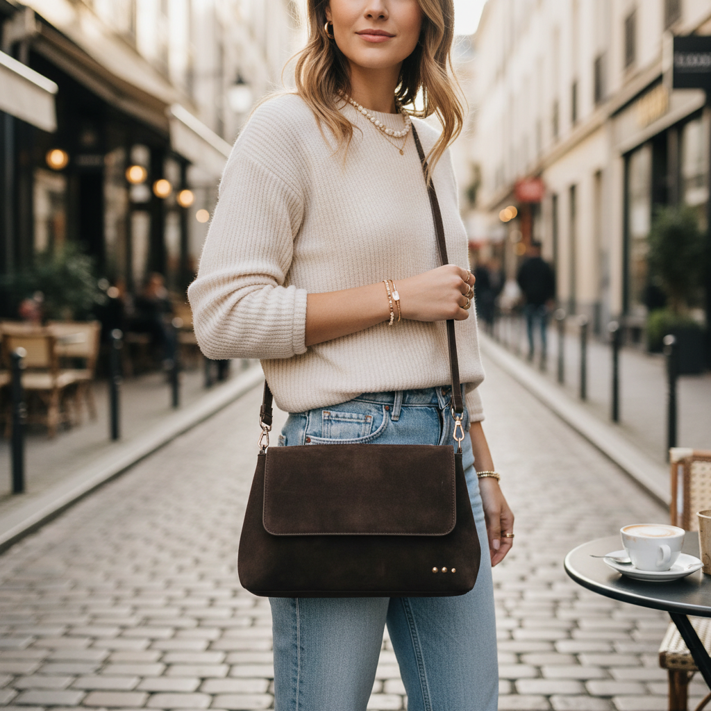 Annie Ks Boutique Miranda chocolate brown faux suede crossbody bag with adjustable strap worn on a city street.