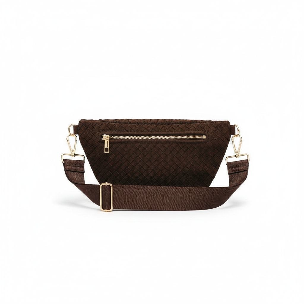 Annie Ks Boutique Westlyn woven bum bag in chocolate vegan suede with an adjustable strap and gold hardware