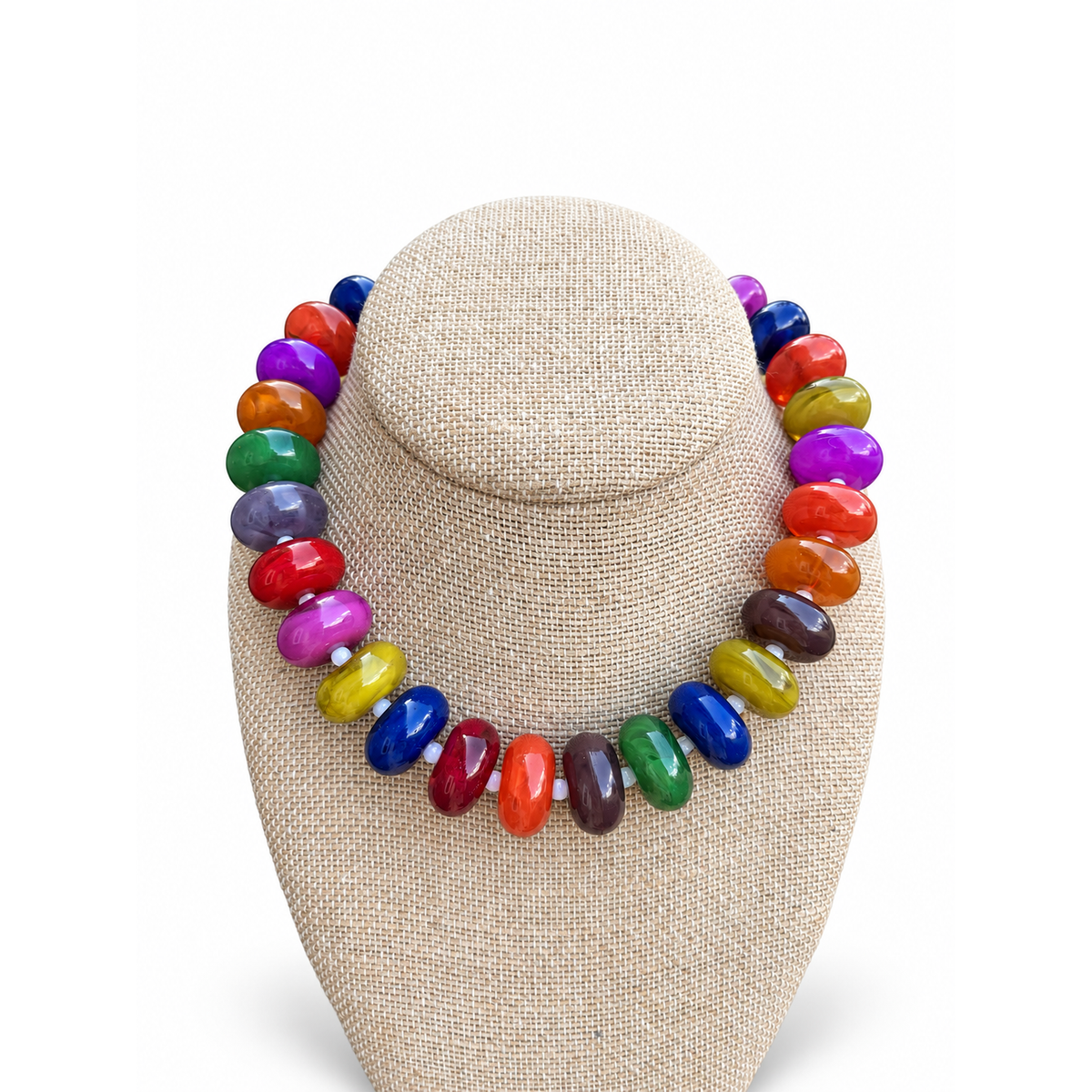 Annie Ks Boutique Fall Blend Rory Rondelle Necklace featuring glossy, oversized jewel-toned beads on a display bust.