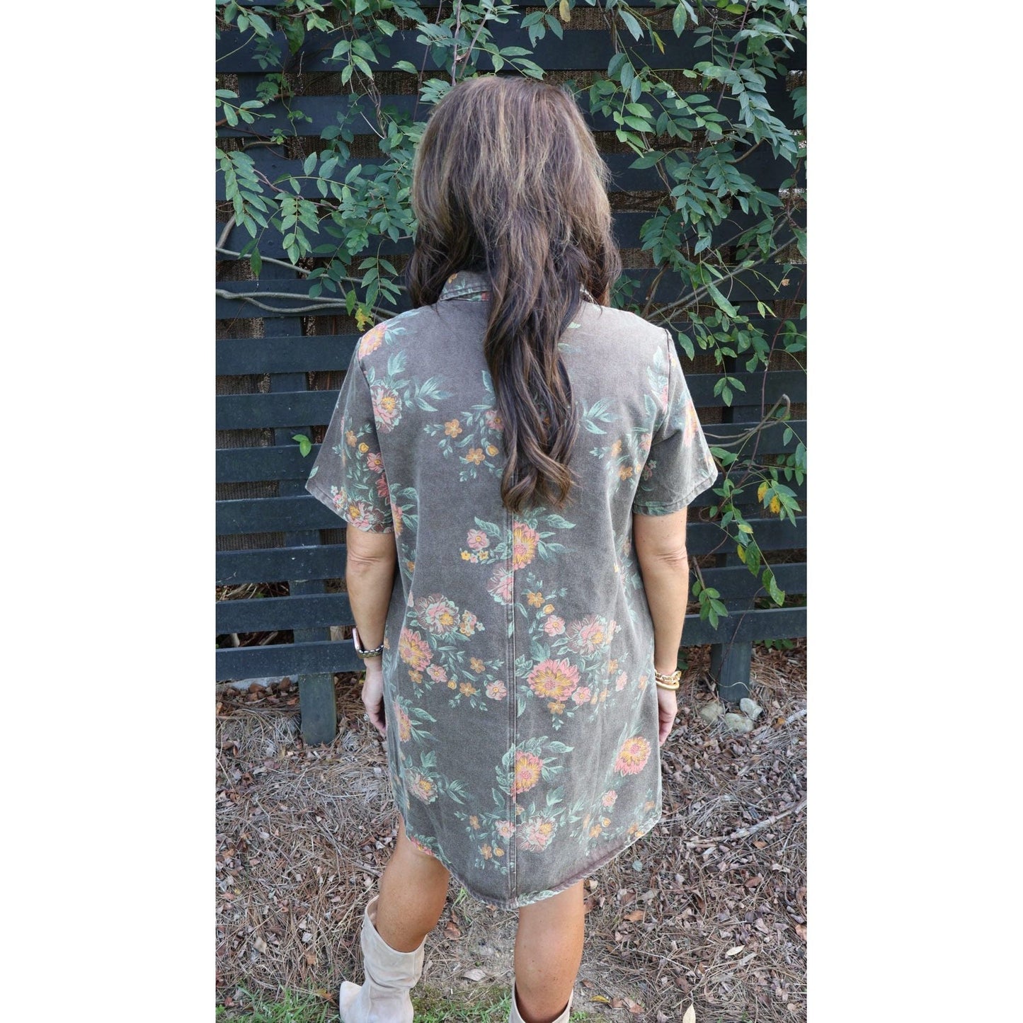Annie Ks Boutique vintage wash floral shirt dress with short sleeves and a relaxed fit, back view.