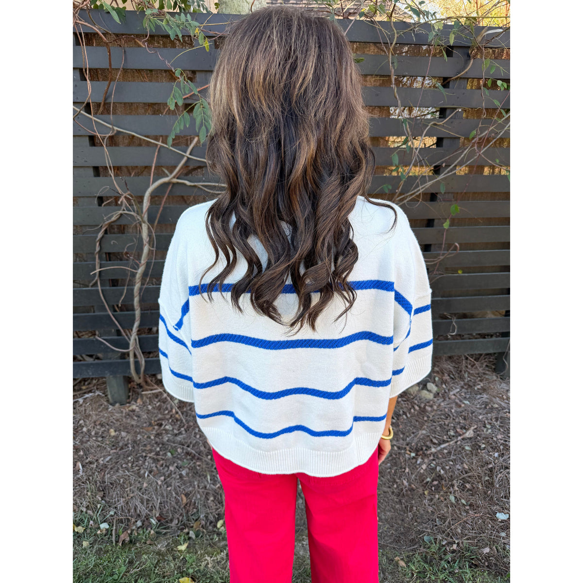 Annie Ks Boutique oversized white and blue striped crew sweater with dropped shoulders and ribbed hem