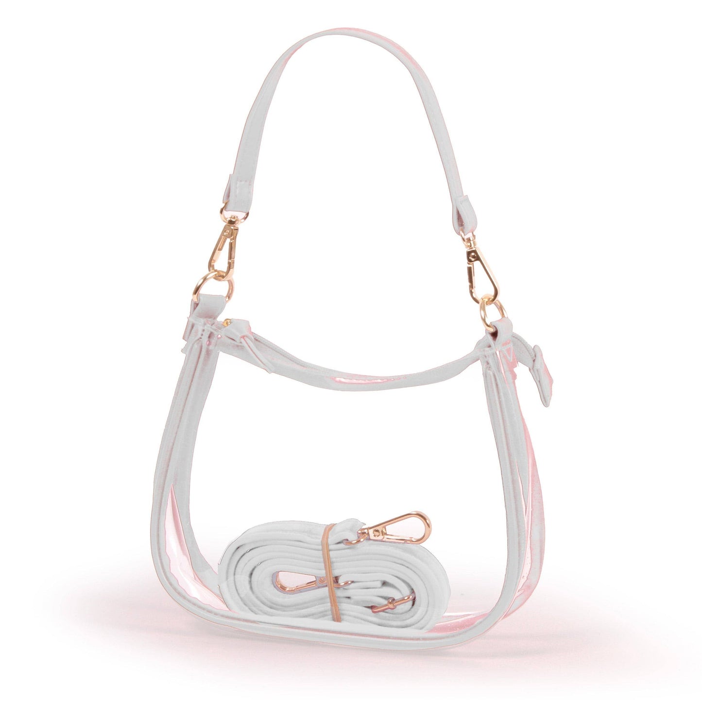 white clear stadium bag with gold hardware on a white background