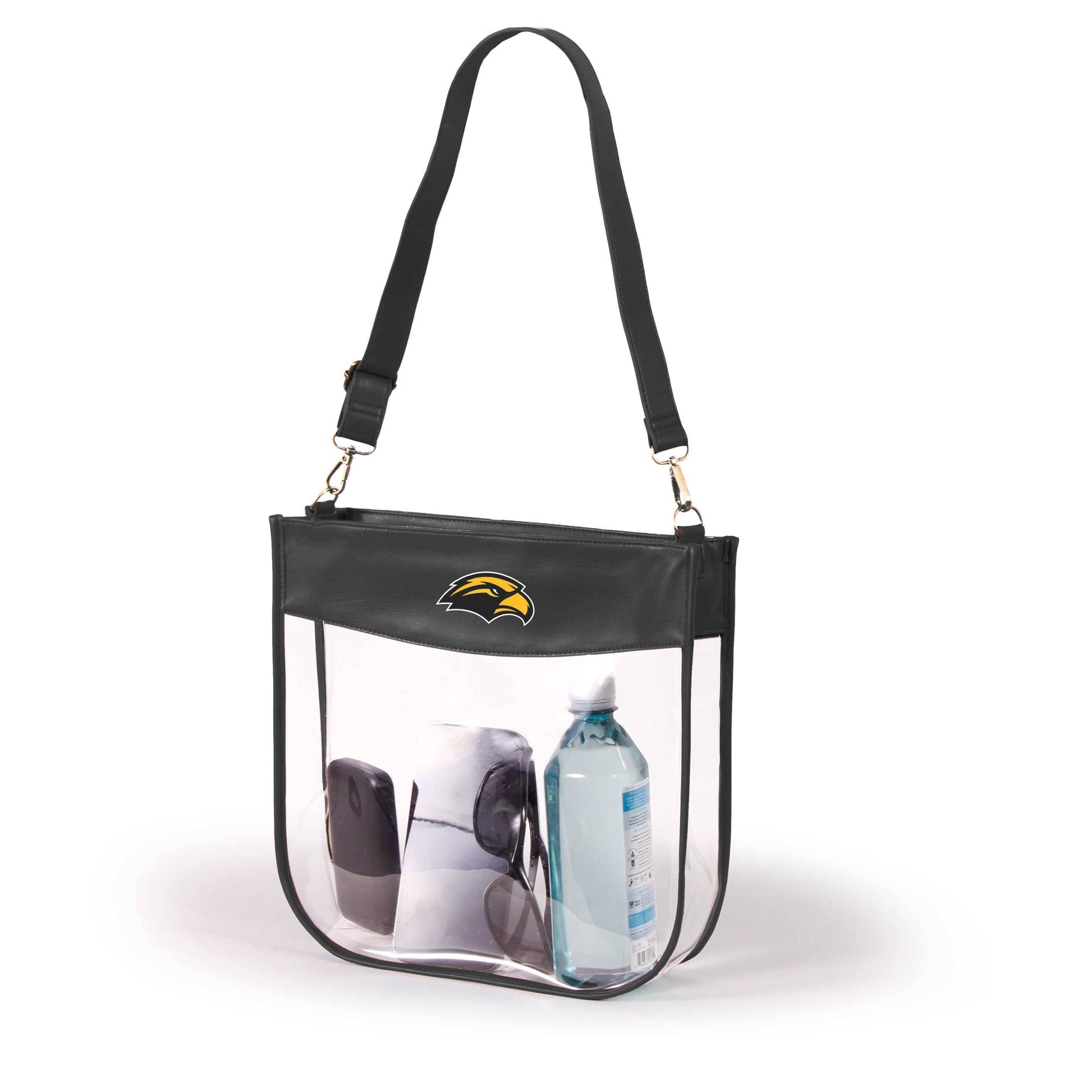 A clear plastic shoulder bag with a black top trim, black strap, and a black and yellow logo on the front, shown on a white background with various items inside.