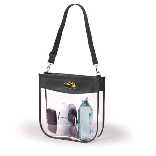 A clear plastic shoulder bag with a black top trim, black strap, and a black and yellow logo on the front, shown on a white background with various items inside.