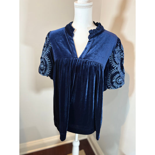 Curvy Velvet Flora Top - Navy