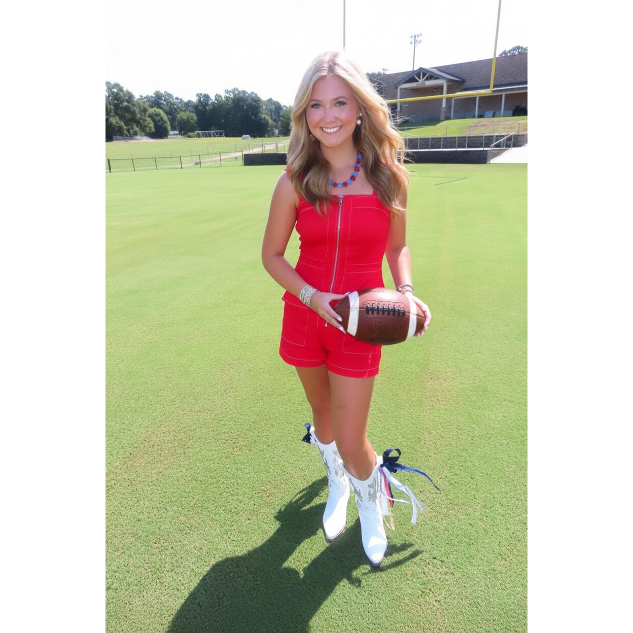 A woman stands on a grassy field holding a football, wearing a bright red sleeveless romper with white lace-up boots. The background shows a sports stadium with stands and trees under a bright sky.