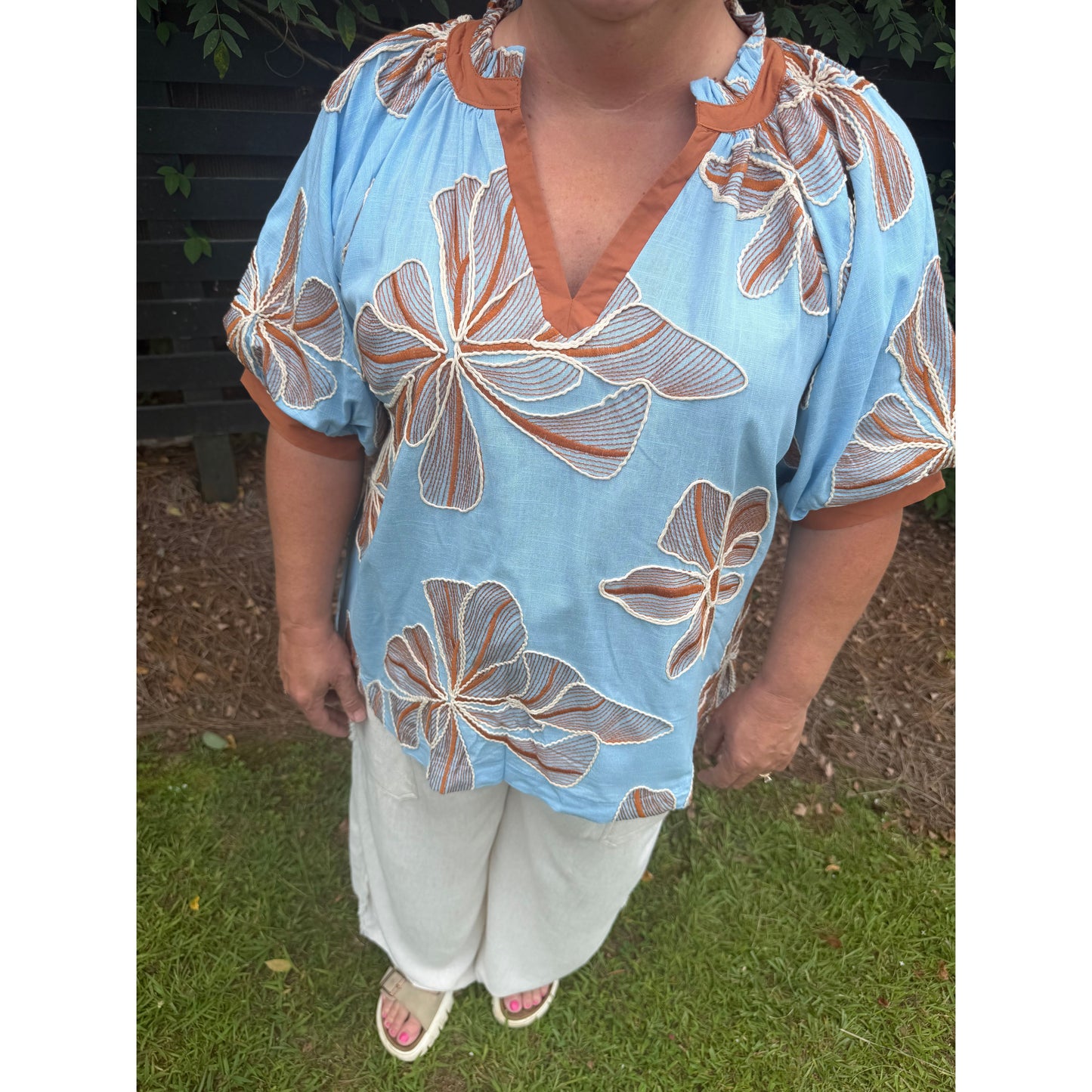 Curvy Light Blue Embroidered V-Neck Top