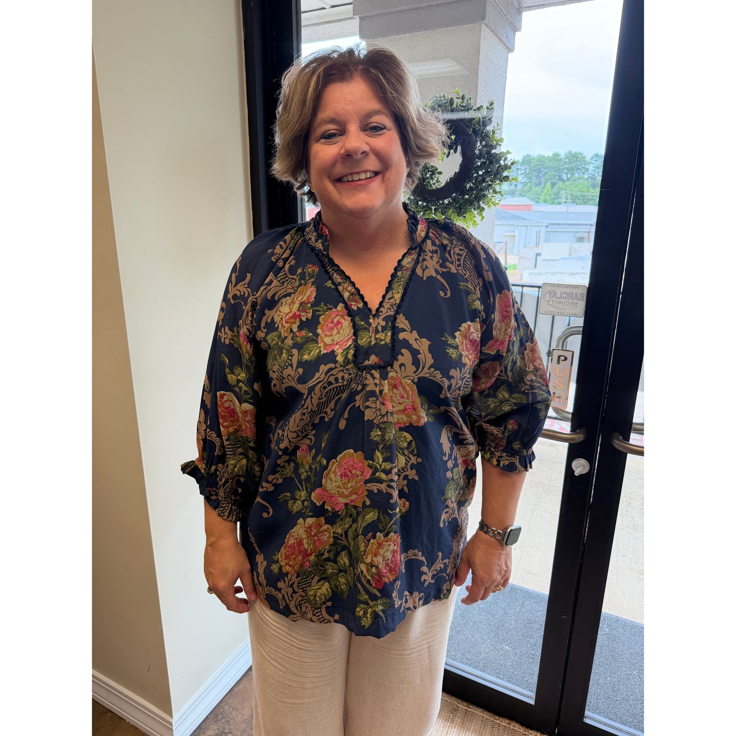 Curvy Floral Ruffle Neck Blouse - Navy