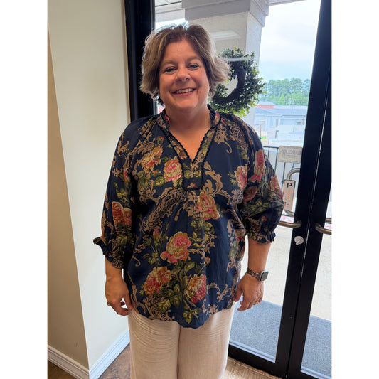 Curvy Floral Ruffle Neck Blouse - Navy