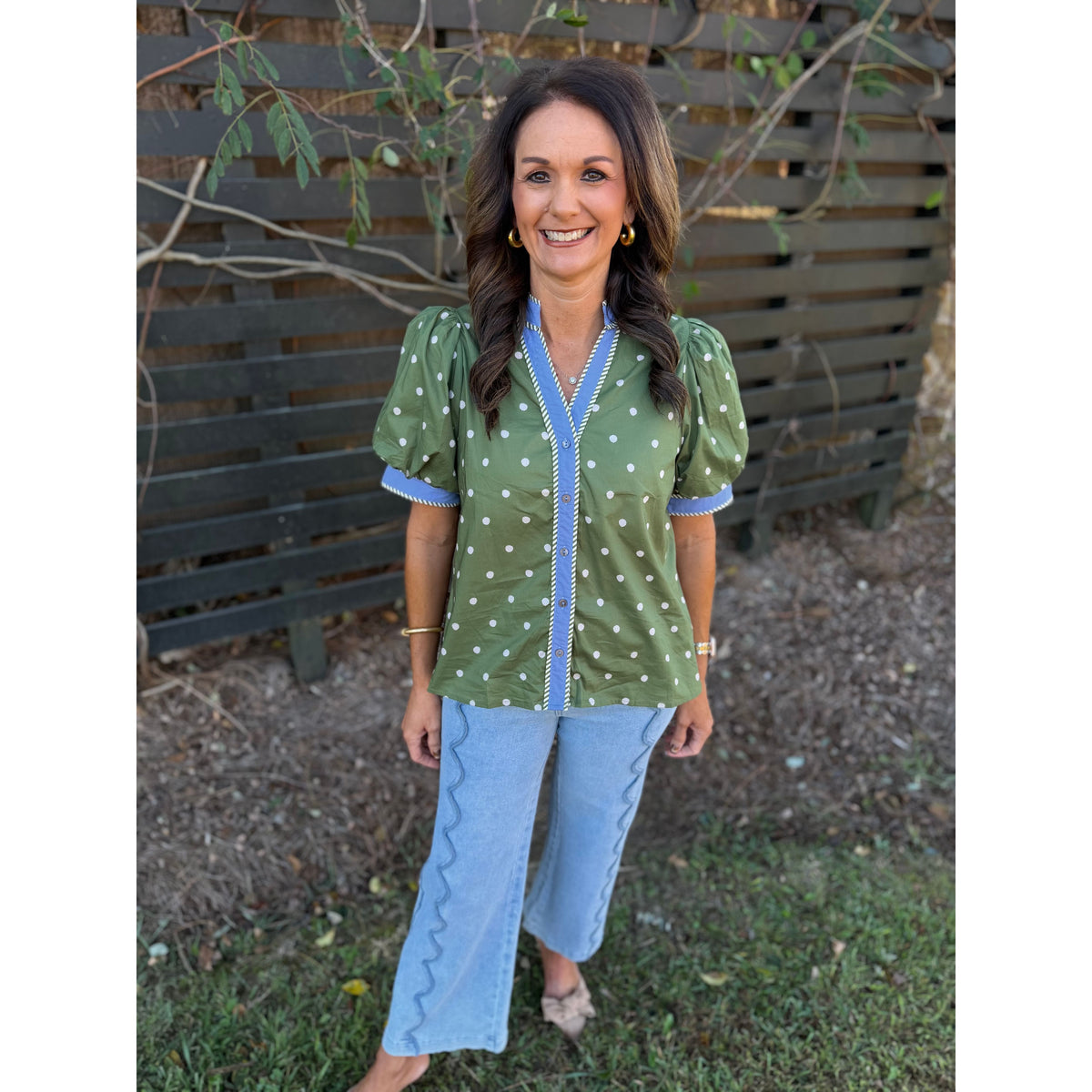 Olive Polka Dot Puff Sleeve Top