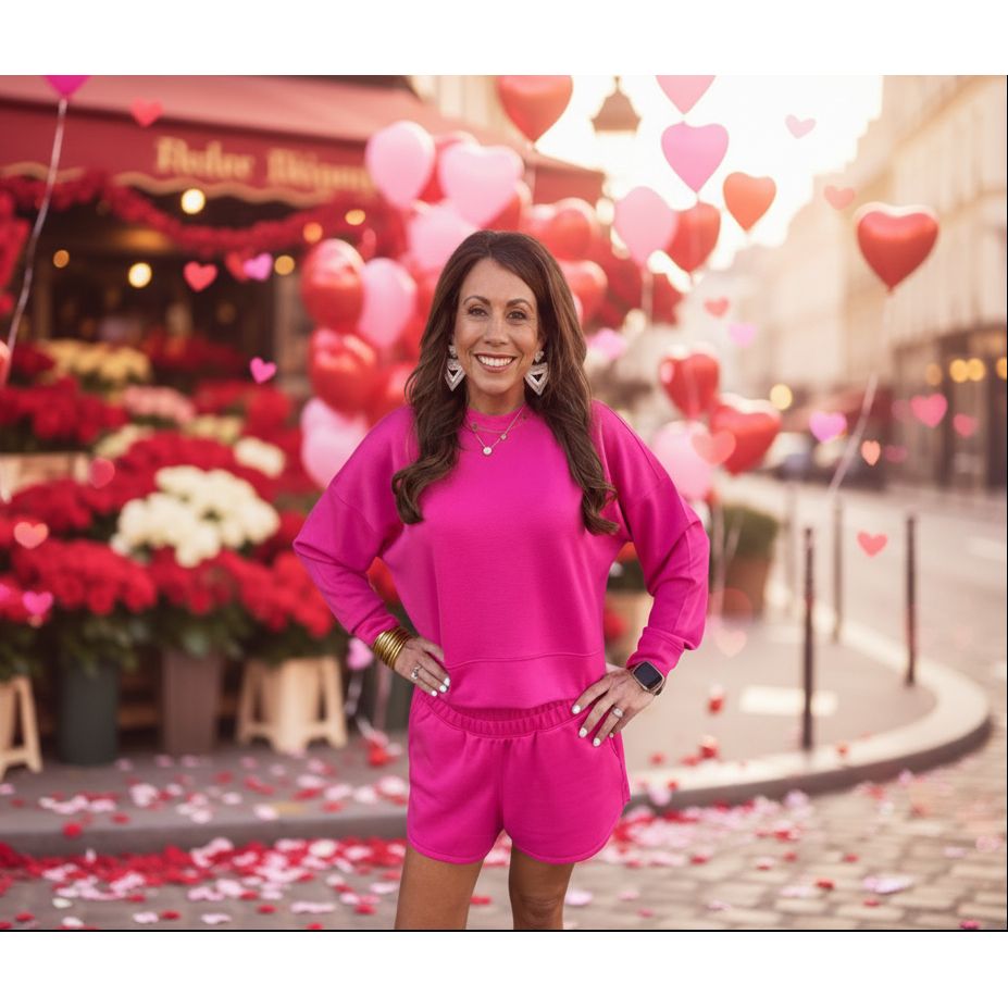 Woman in a bright pink outfit standing in front of a flower market with heart balloons. 