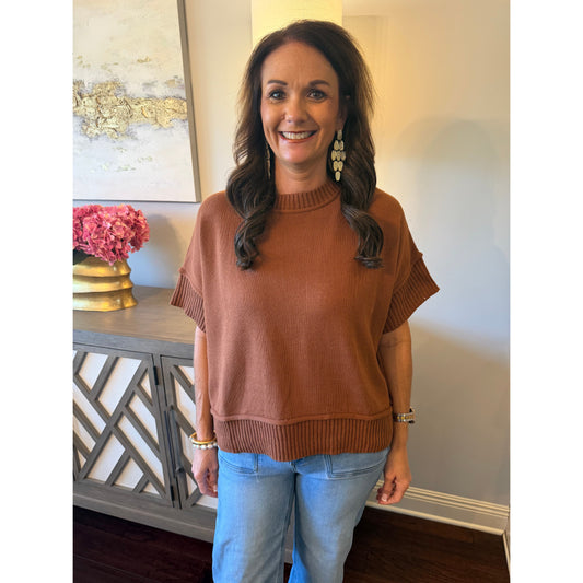 Drop Half-Sleeve Crew Neck Sweater Top - Caramel