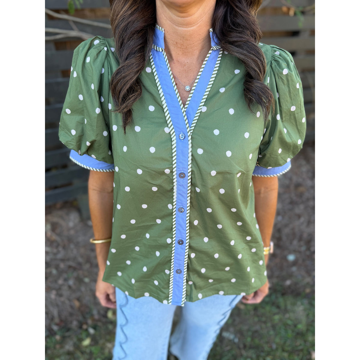 Olive Polka Dot Puff Sleeve Top