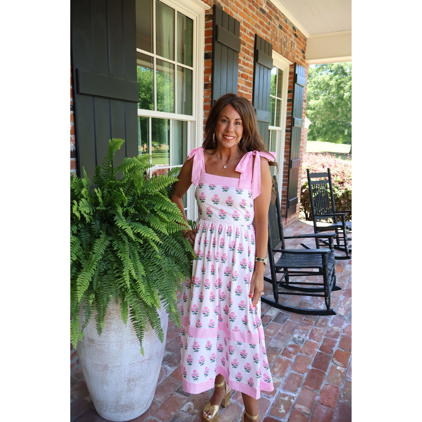 Floral Print Midi Dress with Tie Shoulder Straps - Pink