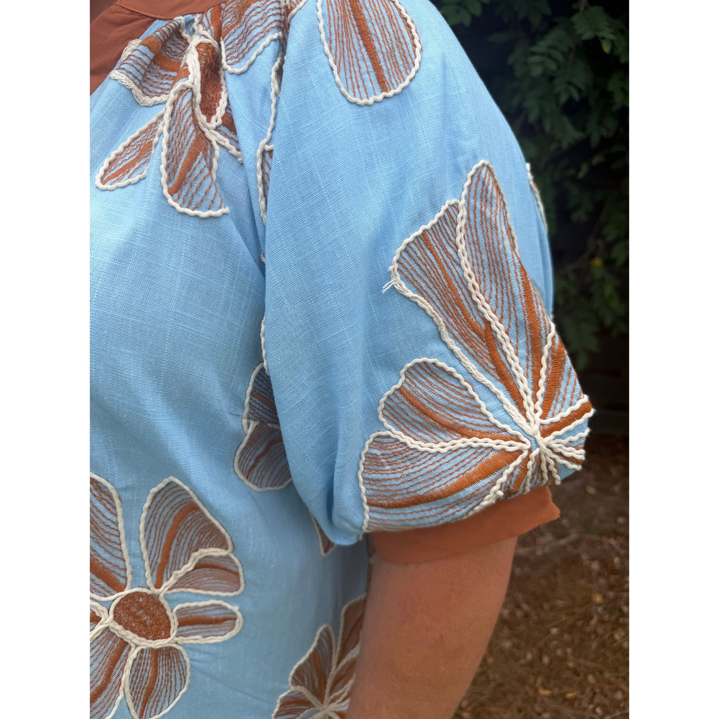 Curvy Light Blue Embroidered V-Neck Top