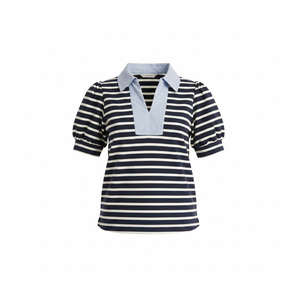 Navy Striped V-Neck Collared Top