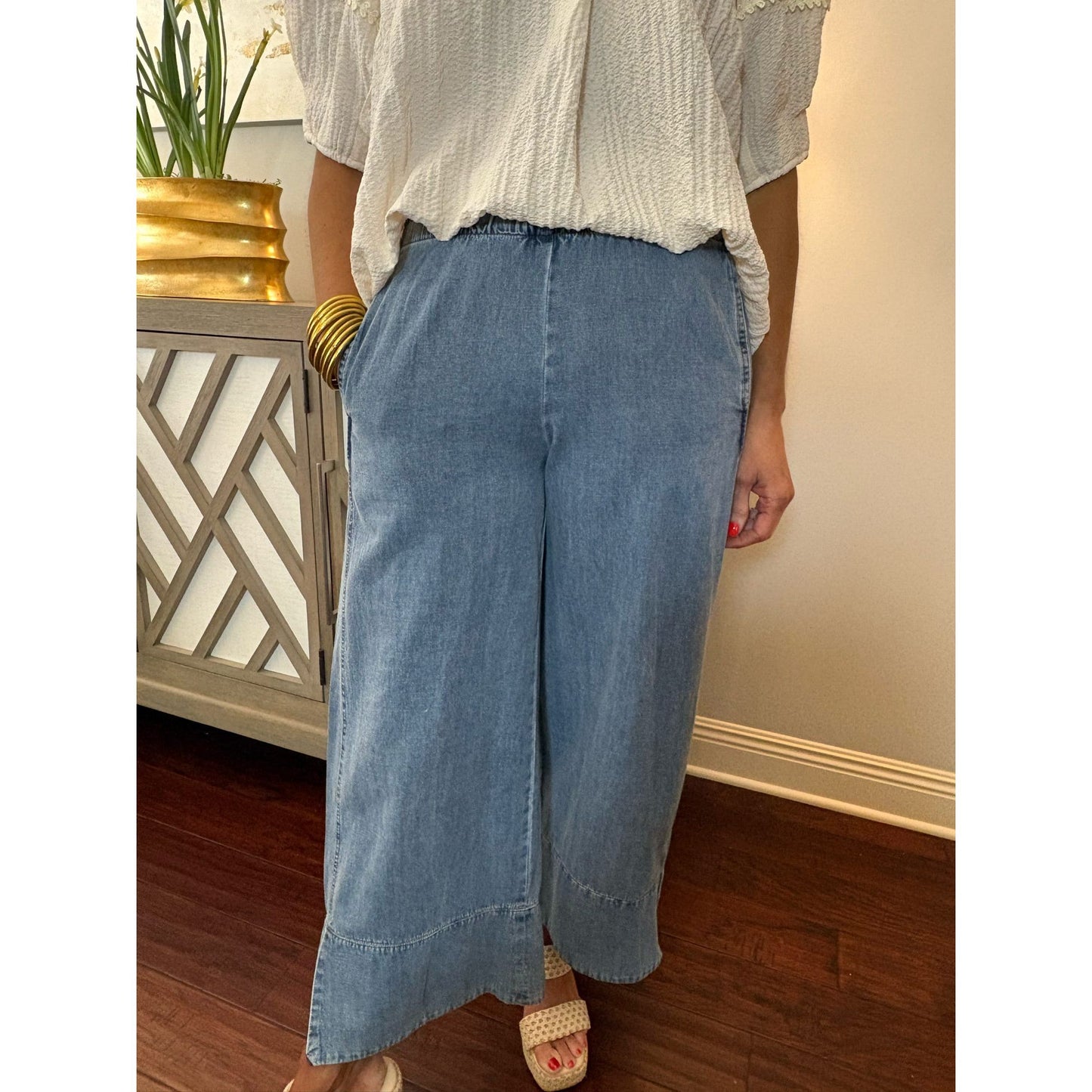 Stone Wash Denim Wide Leg Pants