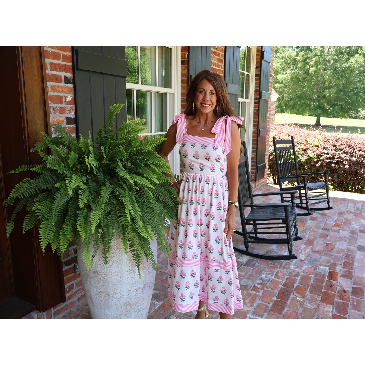 Floral Print Midi Dress with Tie Shoulder Straps - Pink