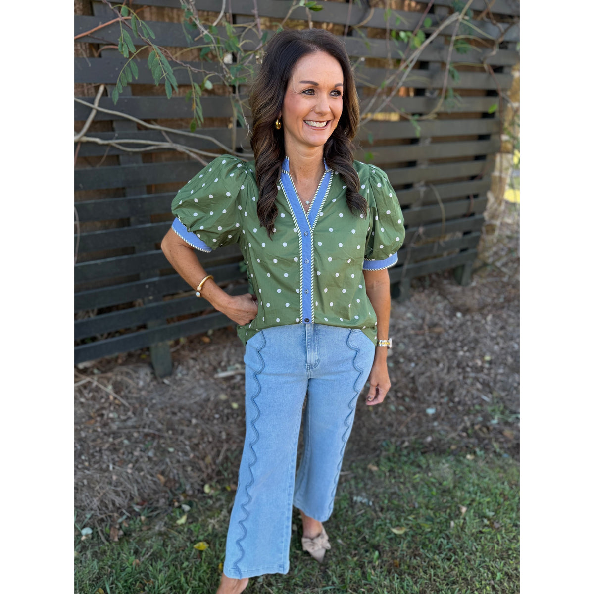 Olive Polka Dot Puff Sleeve Top