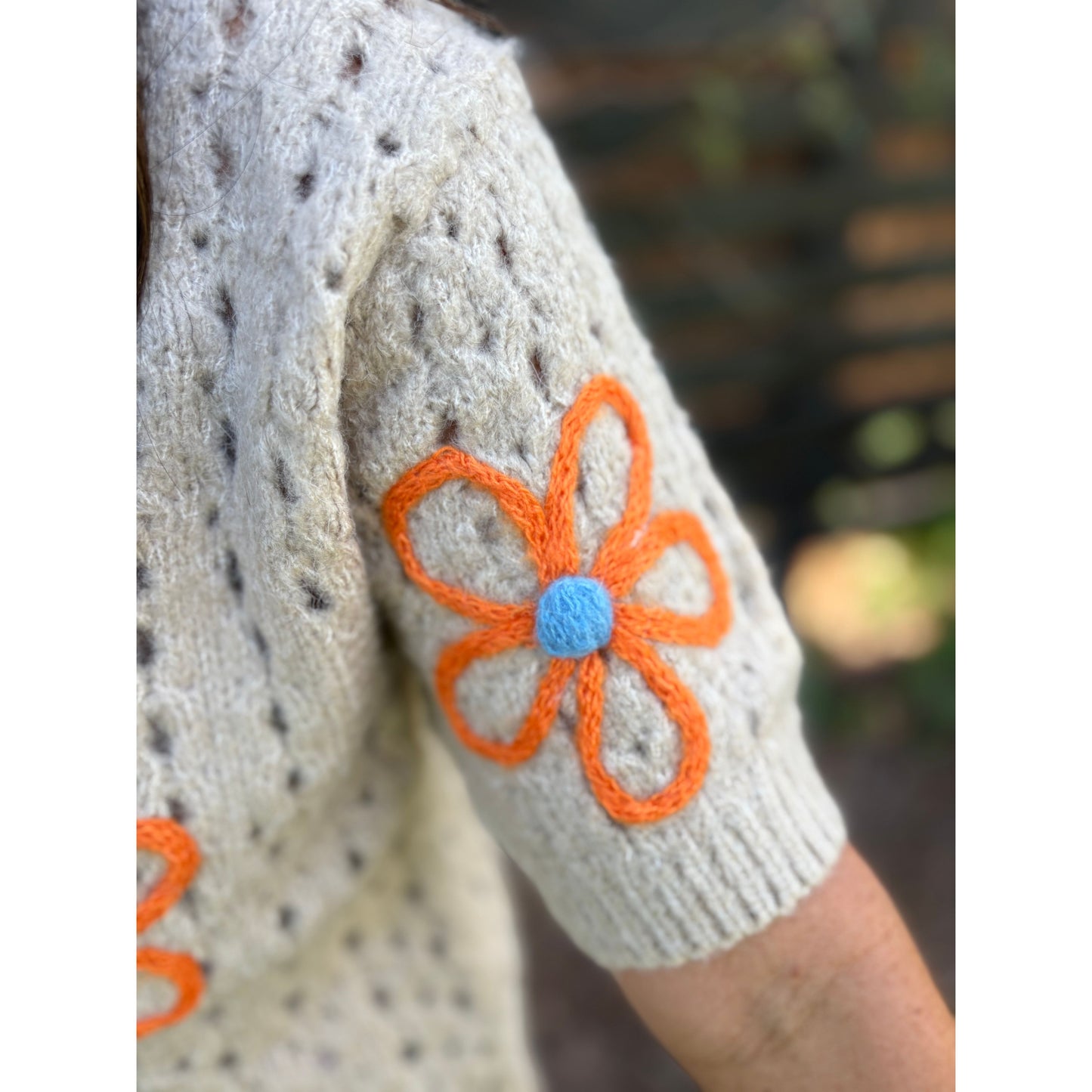 Embroidered Flower Short Sleeve Sweater