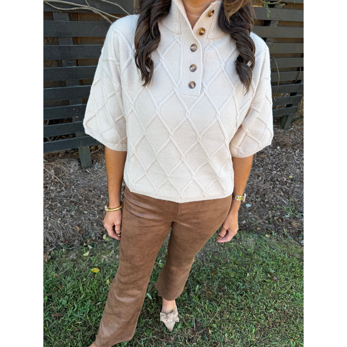 Ecru Diamond Textured Sweater Top