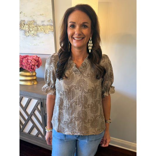Paisley Ruffle Neck Puff Sleeve Blouse- Brown