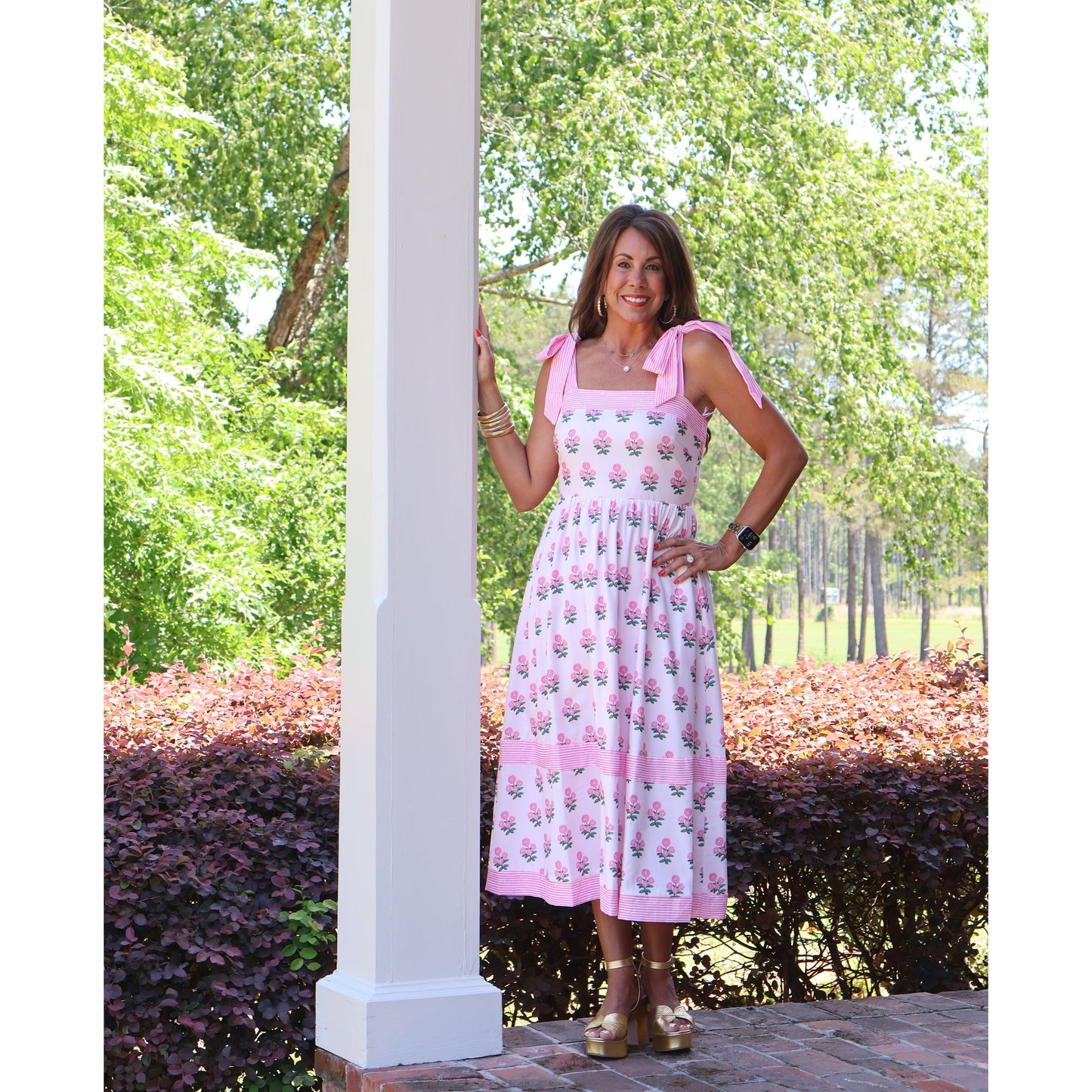 Floral Print Midi Dress with Tie Shoulder Straps - Pink