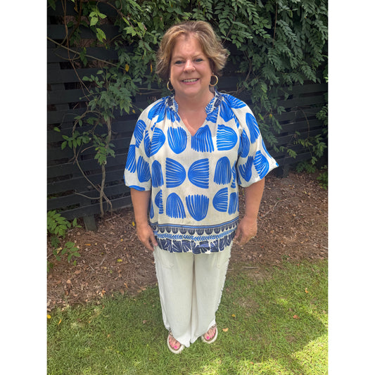Curvy Shell Block Border Print V-Neck Blouse