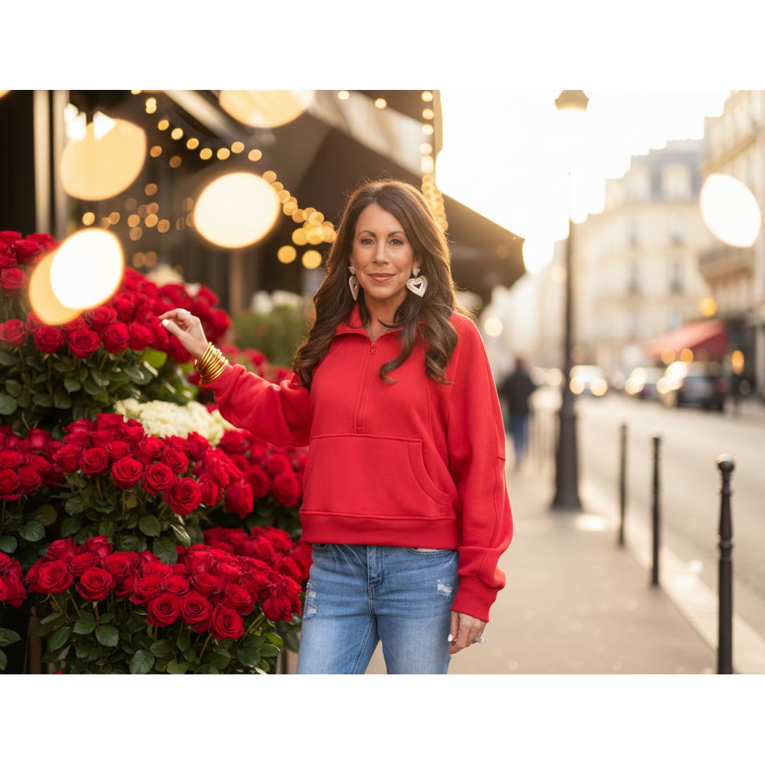 Woman in a red sweater standing next to a large arrangement of red roses on a city street.