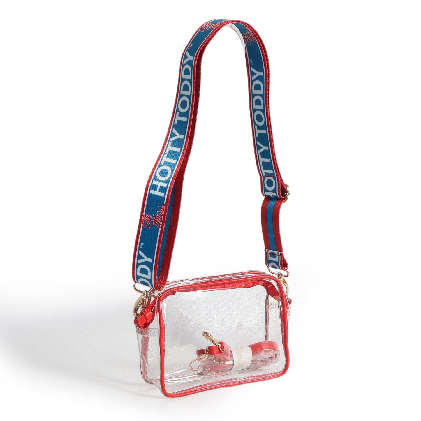 A clear plastic crossbody bag with red trim and a blue and red adjustable shoulder strap featuring the brand name 'HOTY TODDY' in white text, shown on a white background.