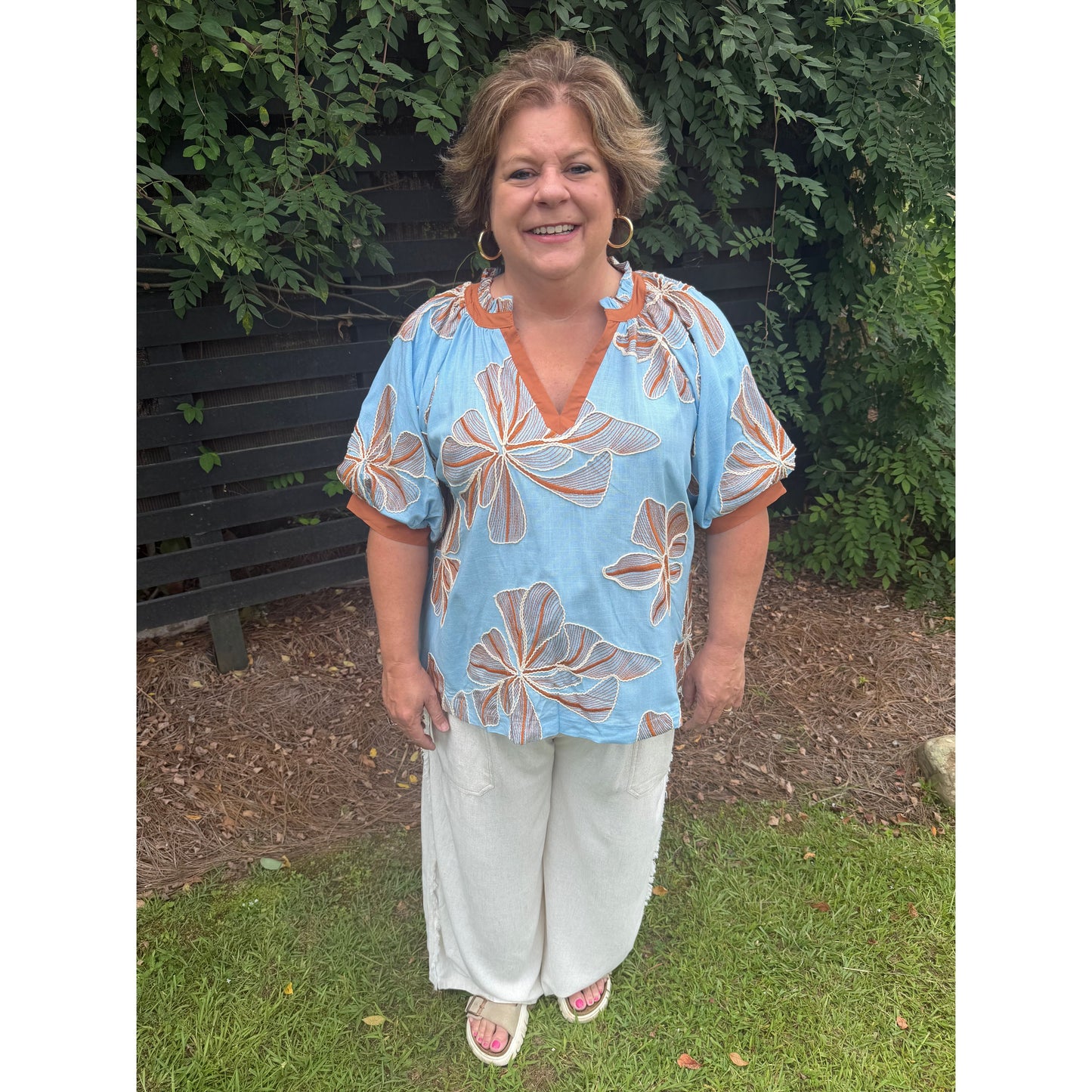 Curvy Light Blue Embroidered V-Neck Top