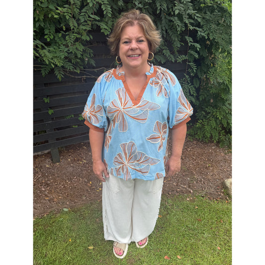 Curvy Light Blue Embroidered V-Neck Top