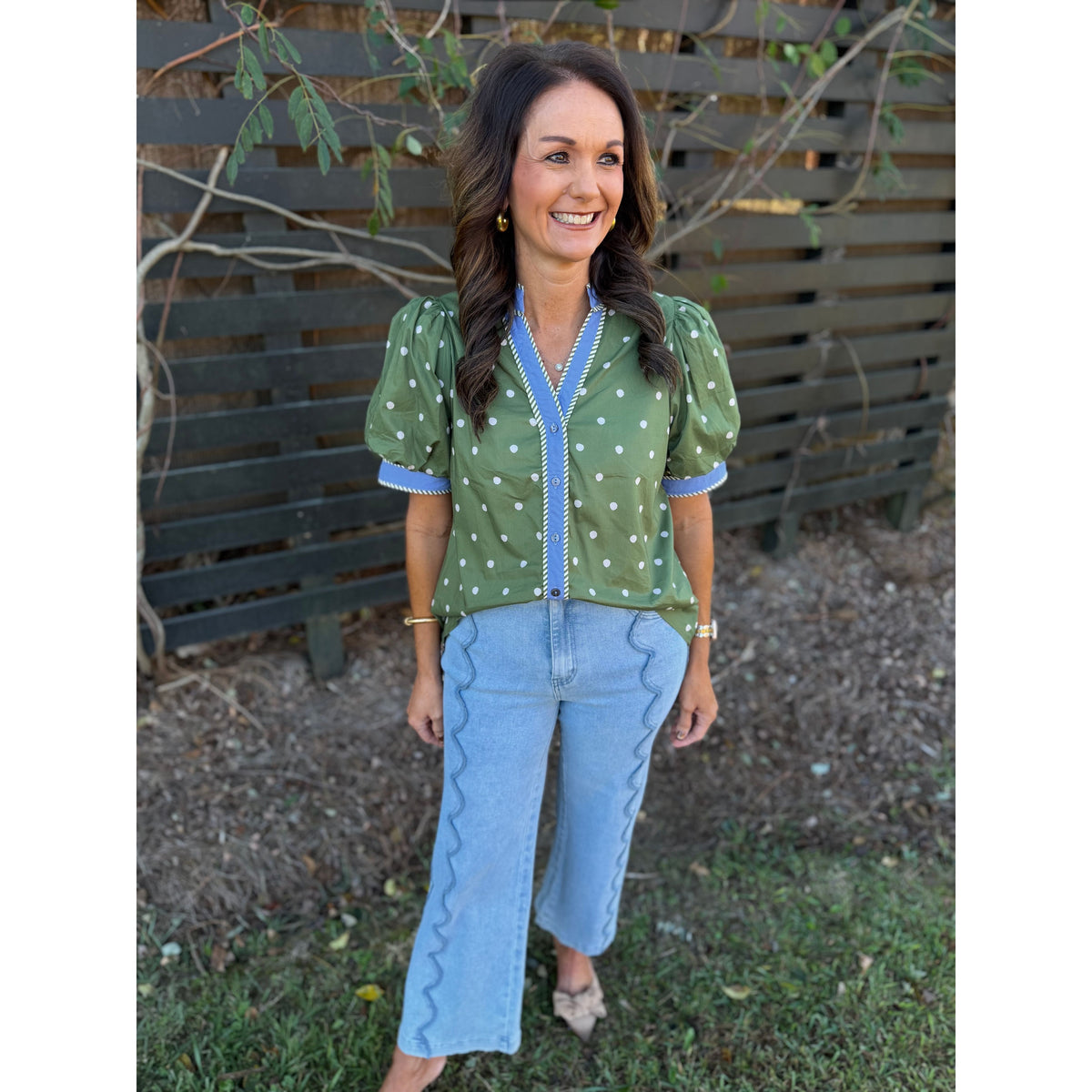 Olive Polka Dot Puff Sleeve Top